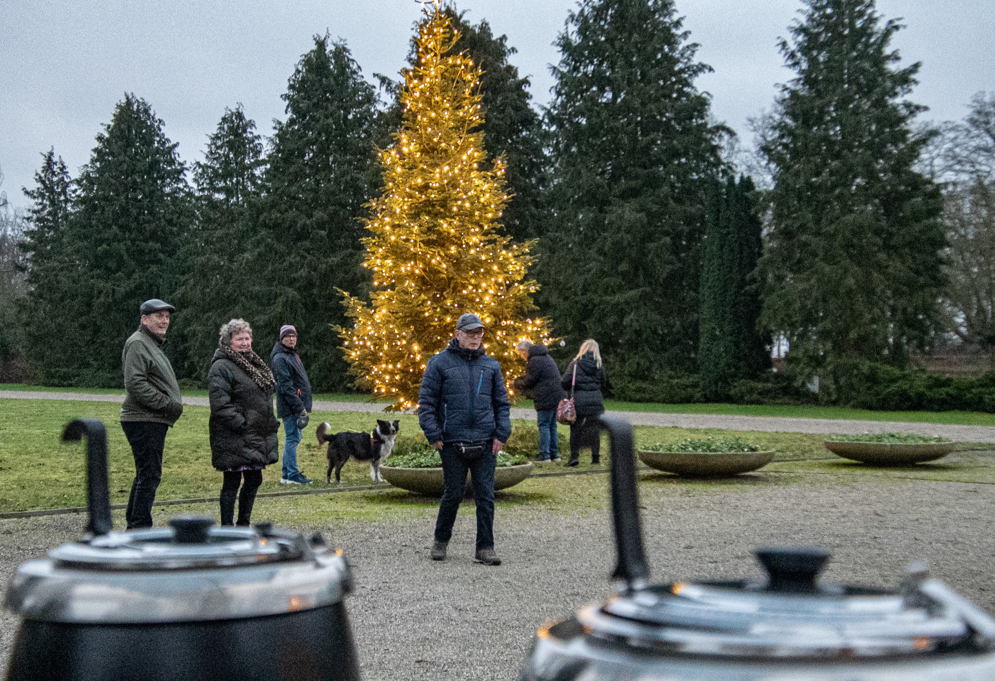 Mensen buiten in winterjassen bij een fel verlichte kerstboom